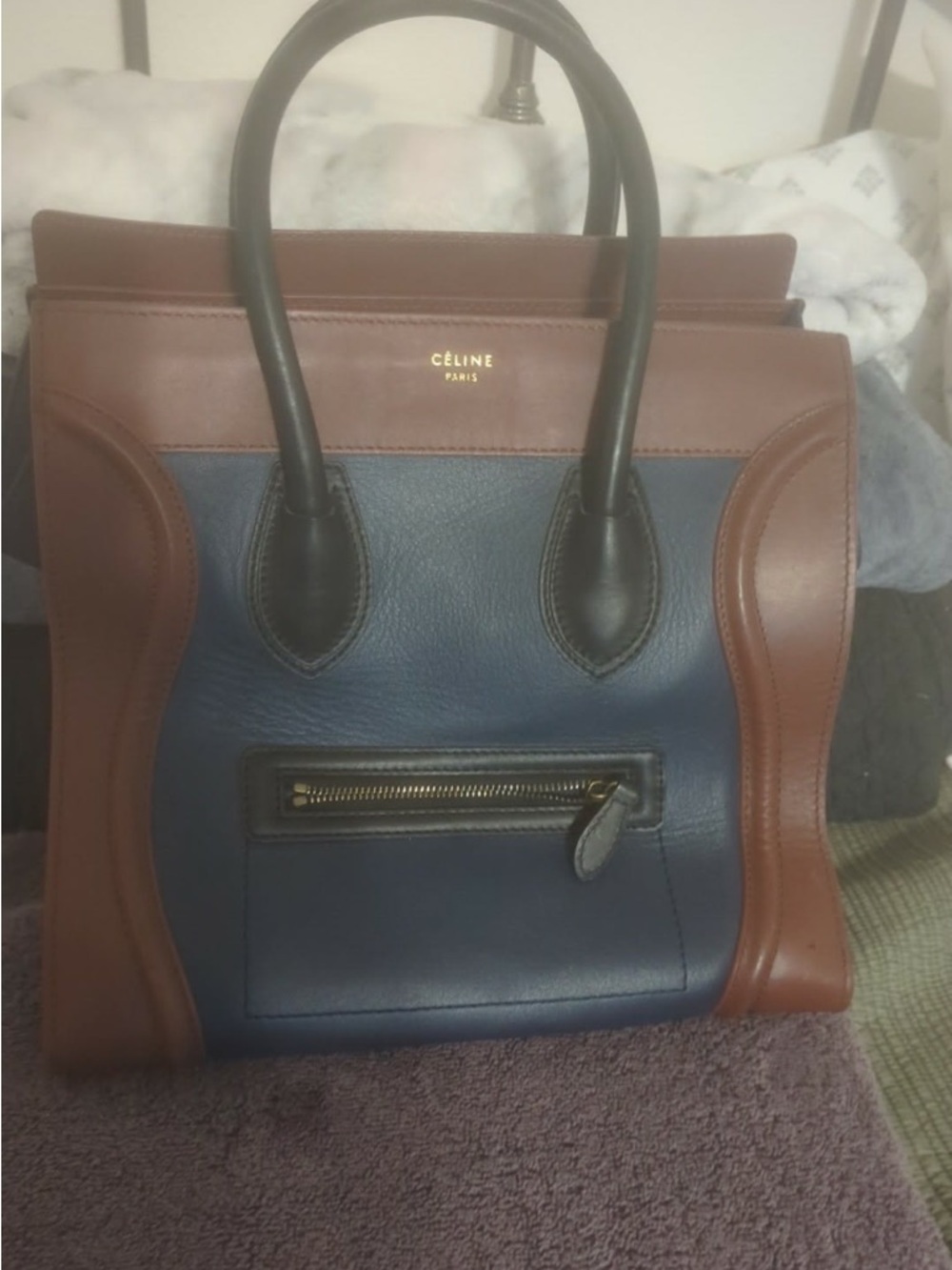 Céline Two-Tone Leather Tote Bag in Navy and Brown